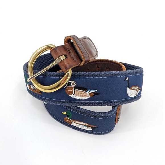 Preston Leather Products Other - Preston Leather Products Mens Duck Goose Embroidered Belt Navy Blue Brass 34